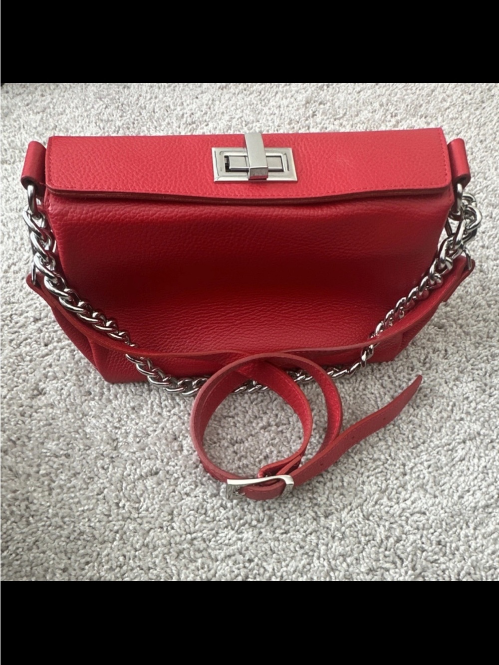Viola Castellani Red Pebbled Leather Flap Shoulder Bag with Silver Chain Accent
